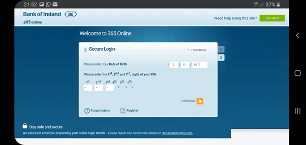 Screenshot of fake Bank of Ireland login page from SMS phishing campaign