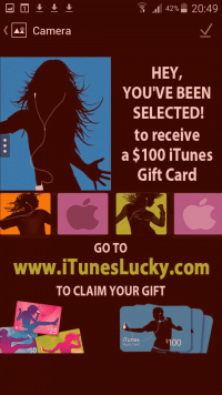 Fake iTunes gift card KIK spam "you've been selected to receive a $100 iTunes gift card" User asked to confirm e-mail