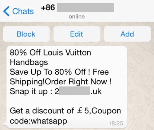WhatsApp scam message advertising 80% off Louis Vuitton handbags