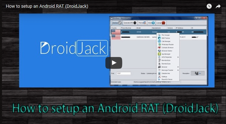 Opening screen og a tutorial on how to use deploy DroidJack on the Droidjack website
