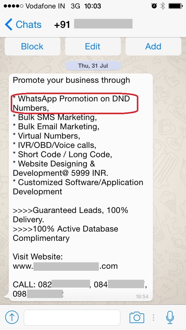 WhatsApp message offering to send WhatsApp spam on behalf of a business as a form of advertising 